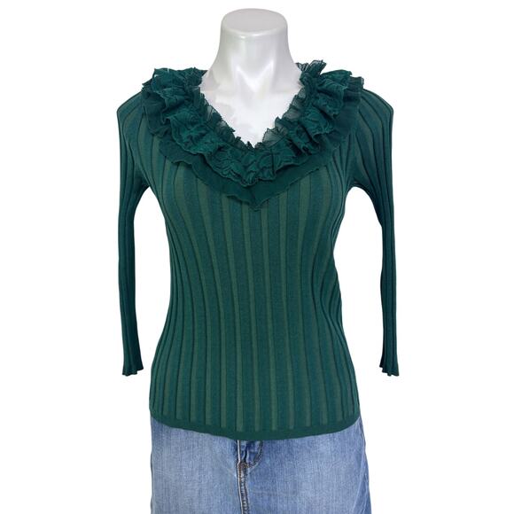 Vintage Evie Silk Ribbed Top Medium Victorian Green Lace Collar Holiday - Picture 3 of 13